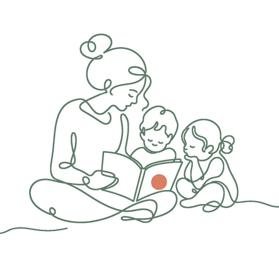 Line illustration of a nanny reading to two children