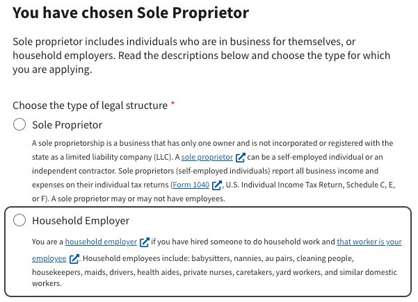 The second choice that appears after picking Sole Proprietor, with the Household Employer option ringed and its description listing babysitters and nannies as household employees.