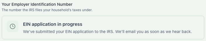 The EIN box while a concierge application is pending, reading EIN application in progress, and that we'll email you as soon as we hear back.